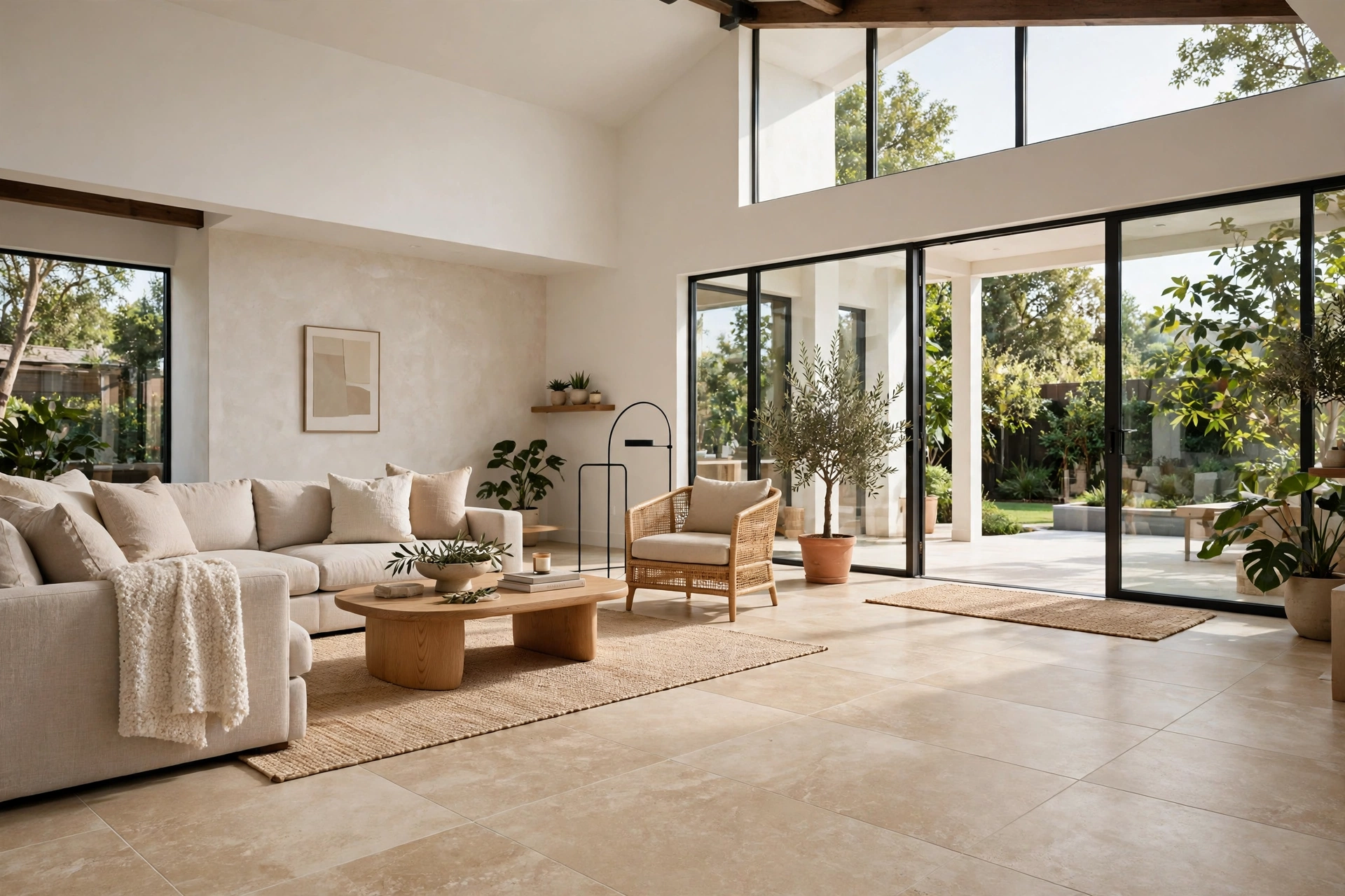 Modern living room with beige warm-tone large-format tile flooring, glass doors, big windows, and a high ceiling